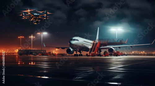 Unmanned drone flying over an airport at night