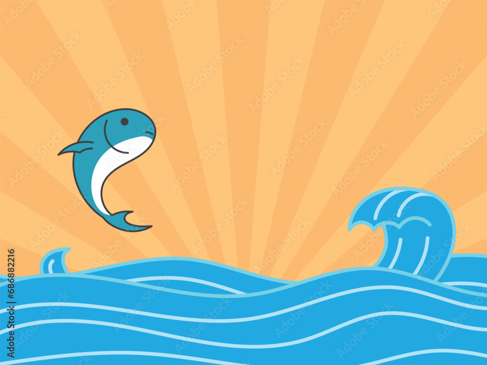 Naklejka premium vector ocean waves with jumping fish and sunset light, vector design