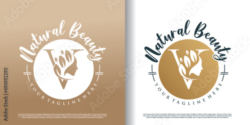 Nature beauty logo template with letter v concept Premium Vector