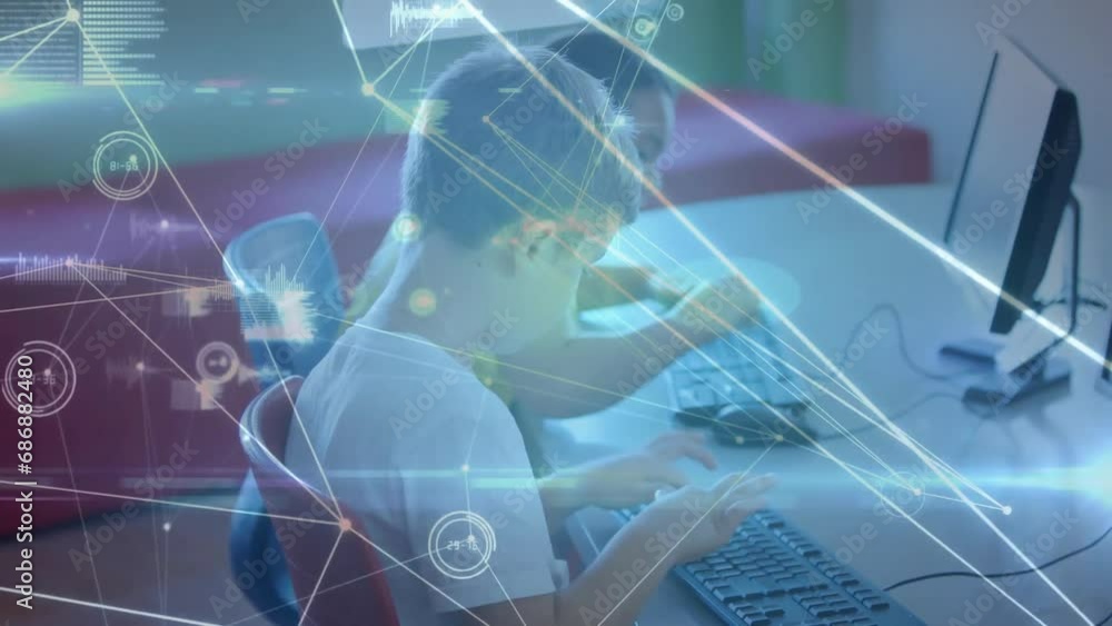 Animation of connected dots and bar graphs over caucasian boy using computer in school Animation of connected dots and bar graphs over caucasian boy using computer in school