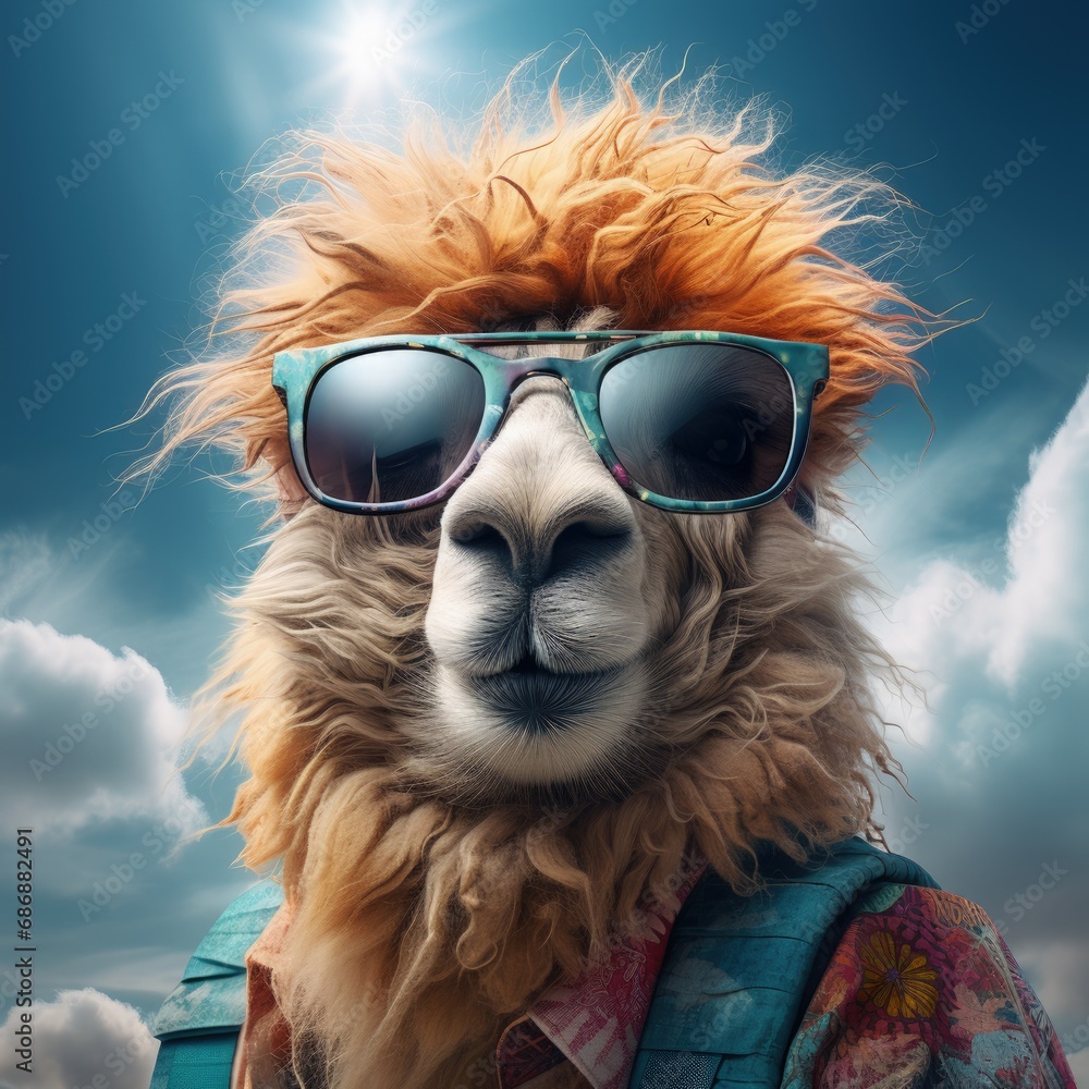 lama portrait with sunglasses, Funny animals in a group together looking at the camera, wearing clothes, having fun together, taking a selfie, An unusual moment full of fun and fashion consciousness.