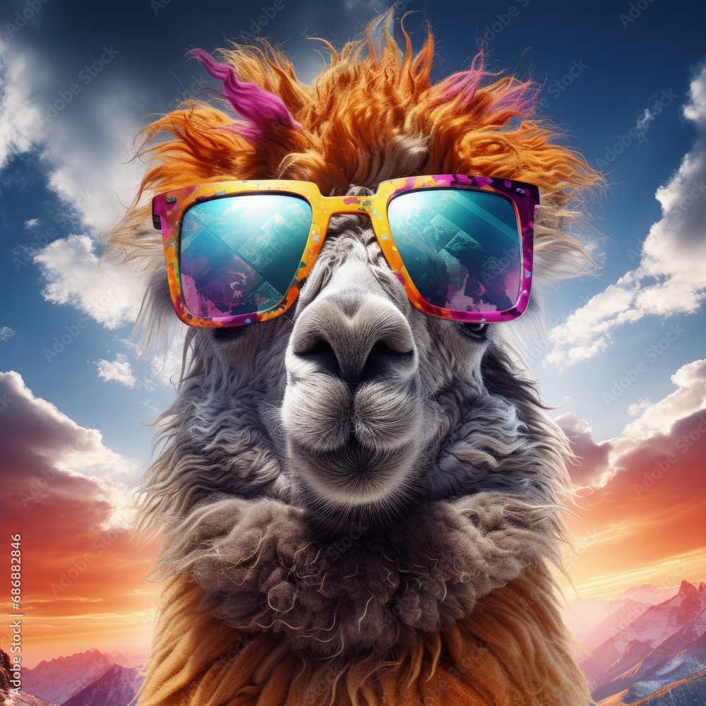 lama portrait with sunglasses, Funny animals in a group together looking at the camera, wearing clothes, having fun together, taking a selfie, An unusual moment full of fun and fashion consciousness.
