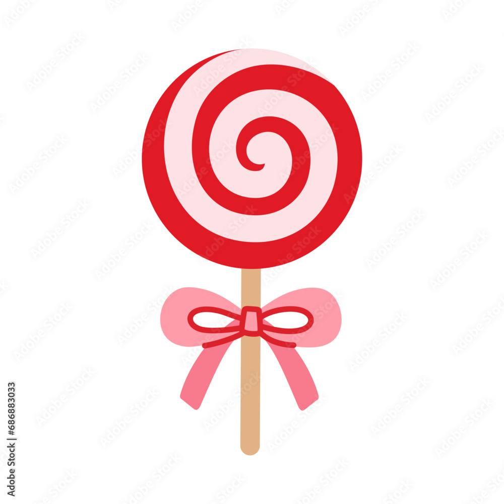 Christmas caramel lollipop with bow knot. Xmas candy in cartoon flat style. Festive New Year sweet. Isolated vector illustration on a white background. Perfect for winter holiday design. Christmas caramel lollipop with bow knot. Xmas candy in cartoon flat style. Festive New Year sweet. Isolated vector illustration on a white background. Perfect for winter holiday design.