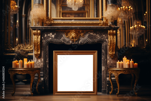 luxury living room with fireplace and empty transparent frame, for vintage mockup, PNG file