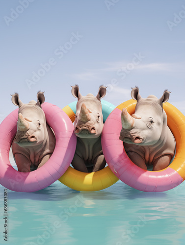 Rhinoceros with a swimming float.Creative summer holiday concept.Advertisement for a summer travel agency idea photo