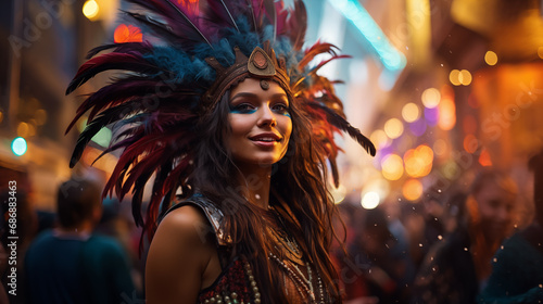 Happy woman with colorful tribal feathers on the street during carnival event with floating confetti and bokeh on background. Street performer wearing native feathered headdress photo