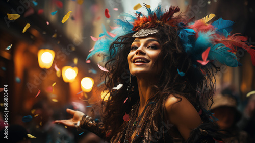 Happy woman dressed with vibrant feathers dancing on the street during carnival event with floating confetti and feather on background