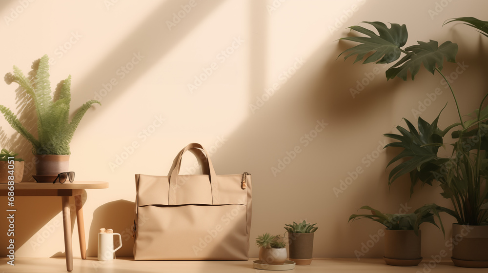 design scene, mockup, bag, shooting, beige colors, soft lighting, plants, soft shadows, conceptstore design scene, mockup, bag, shooting, beige colors, soft lighting, plants, soft shadows, conceptstore