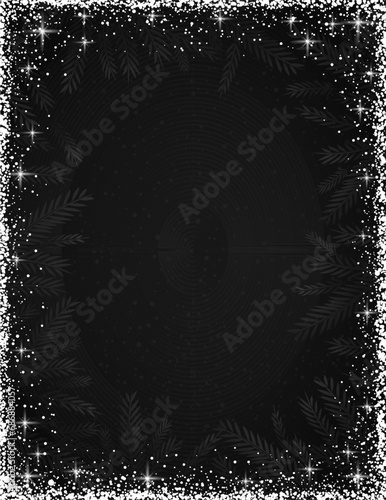 Black christmas background with white snowflakes and branches from a Christmas tree. Happy New Year greeting banner. New year background, posters, cards, website. Flat lay mockup design. Vector  photo