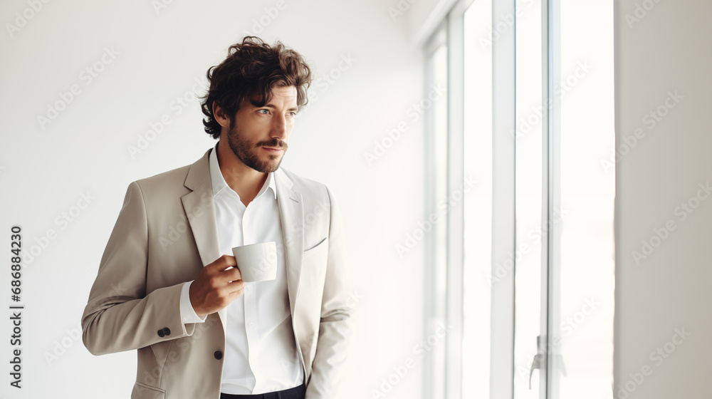 Stylish man with a cup of coffee. Businessman is drinking morning coffee after breakfast. Delicious hot espresso. Enjoy moment, take break. Freelancer lifestyle. Morning sun in the room. Generated AI Stylish man with a cup of coffee. Businessman is drinking morning coffee after breakfast. Delicious hot espresso. Enjoy moment, take break. Freelancer lifestyle. Morning sun in the room. Generated AI