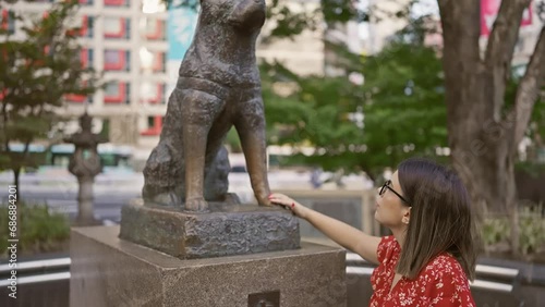 Alluring hispanic woman with glasses touches iconic hachiko statue on busy tokyo street – immersed in japanese culture and traditions photo