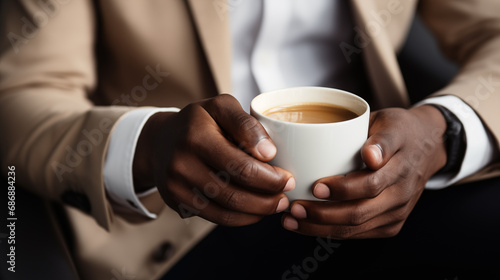 Stylish man with a cup of coffee. Businessman is drinking morning coffee after breakfast. Delicious hot espresso. Enjoy moment  take break. Freelancer lifestyle. Morning sun in the room. Generated AI