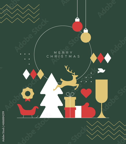 Merry christmas modern geometric banner template. Abstract xmas holiday poster with winter decoration. Festive party invitation, minimalist december event greeting card.