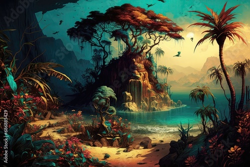 Dreamy vintage dark tropical nature sunset palm jungle magic background illustration Generative AI