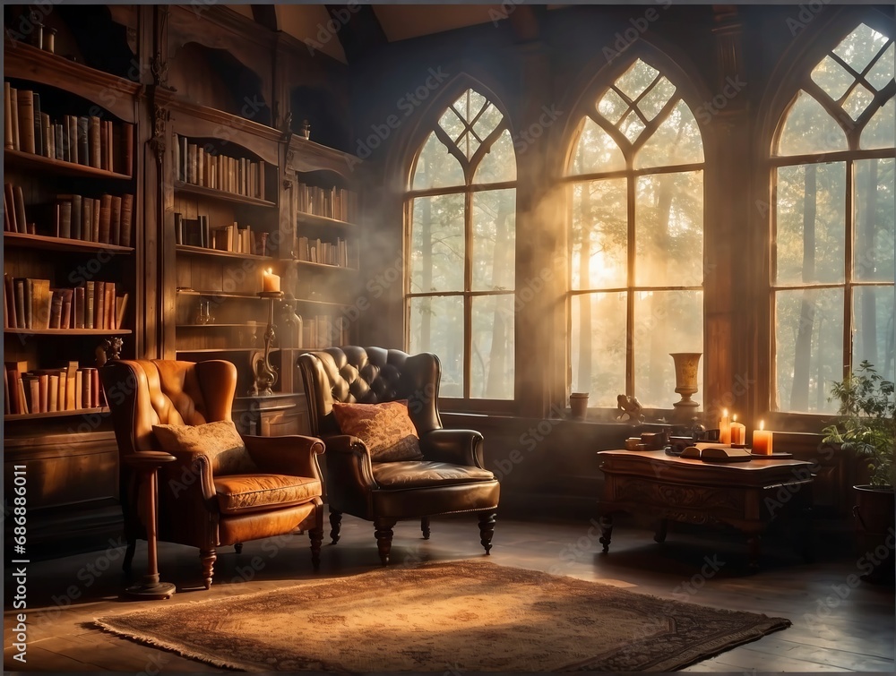 Old Library with Bookshelves and a curly window overlooking the fog. Cozy Armchairs, the interior of a Vintage Wooden room. generated by ai.