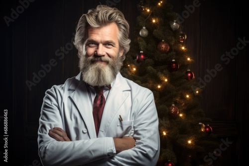 a man with a beard in a white coat and tie against the background of a New Year tree, New Year's greetings from the doctor