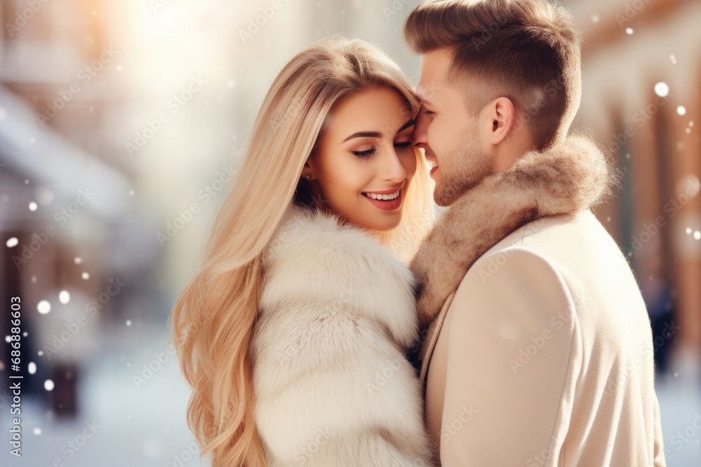 Winter wonder: A couple shares infectious smiles on a snow-laden street, embodying the enchantment of a winter wonderland. (Couple with infectious smiles Winter wonder: A couple shares infectious smiles on a snow-laden street, embodying the enchantment of a winter wonderland. (Couple with infectious smiles