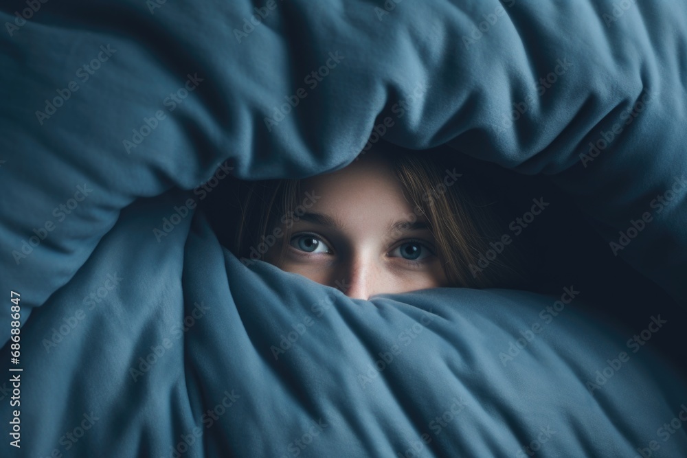 Monday's muted sadness: A photo capturing the muted sadness of Blue Monday, as a woman embraces a pillow in an atmosphere suffused with muted blue tones Monday's muted sadness: A photo capturing the muted sadness of Blue Monday, as a woman embraces a pillow in an atmosphere suffused with muted blue tones