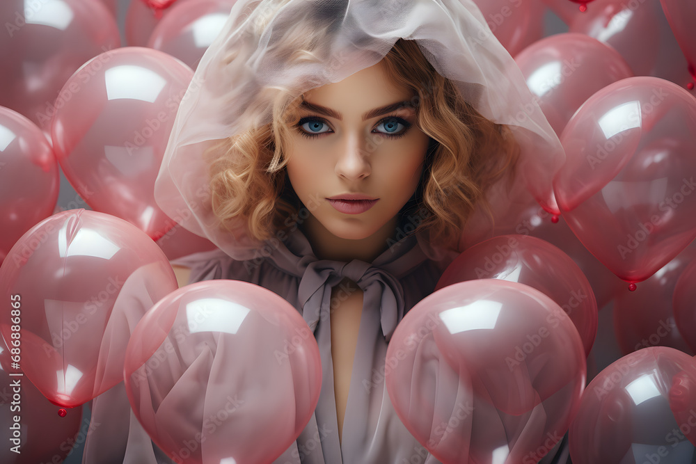 Woman with a scarf covering her hair, with balloons around her in pink color. Women Day concept. 