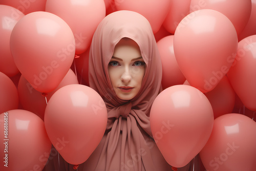 Woman with a scarf covering her hair with balloons in the background in pink color. Women Day concept. Aerial view.