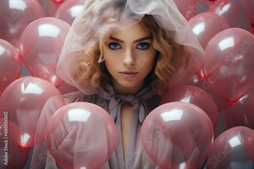 Obraz na płótnie Woman with a scarf covering her hair, with balloons around her in pink color. Women Day concept. w salonie