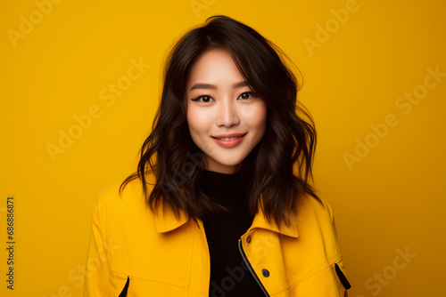asian woman dressed in yellow on yellow background. Japanese, Chinese beauty. attractive brunette model © MariaJos
