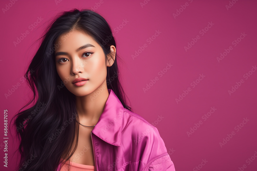 attractive asian woman. over 20 years of age. Japanese, Chinese beauty. attractive brunette model. concept of joy, hope. pink, purple, violet tones attractive asian woman. over 20 years of age. Japanese, Chinese beauty. attractive brunette model. concept of joy, hope. pink, purple, violet tones