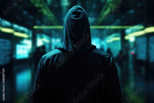 Data privacy concept: An illustration capturing the essence of Data Privacy Day, featuring a hacker in a hoodie seen from the back, analyzing an abstract binary code interface