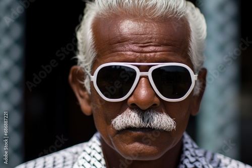 Sightless Individual's Close-Up: A close-cropped portrait of a visually impaired man donning blind glasses, marking the occasion of Blindness Awareness Day photo