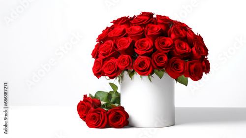 Bouquet of red roses in white round box. Valentines day, Birthday, Mothers day flowers gift