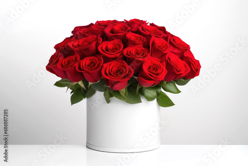 Lush bouquet of red roses in white round gift box. Valentines day, Birthday, Mothers day flowers