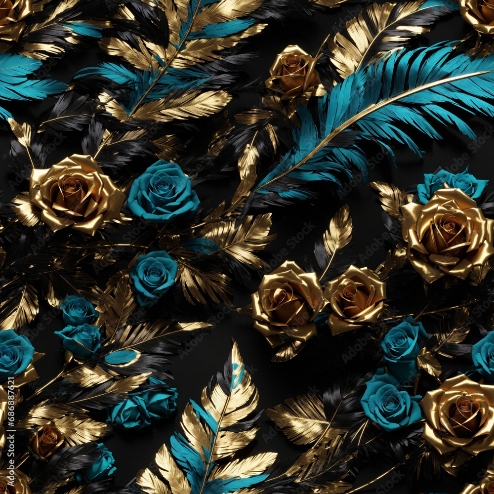 Naklejka premium Feathers and Rose Flowers Seamless Pattern Beautiful Floral Art Digital Background Design