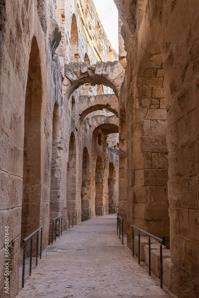 Interir of the amphitheater of the Roman ruins at El Jem.