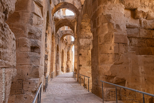 Interir of the amphitheater of the Roman ruins at El Jem. photo