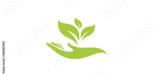 Hand logo design, leaf and hand logo design combined. organic green leaves