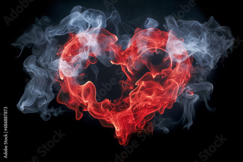 The photo depicts a heart shape formed by intertwining red and white smoke against a dark background, symbolizing passion and purity. photo