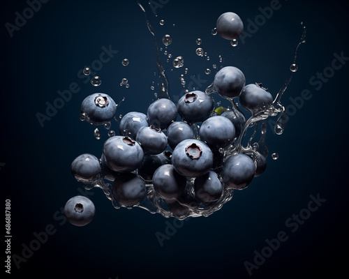 Water splash with blueberries on dark background. Waterdrops, mid motion. Copy space, banner, isolated. Healthy vegetarian lifestyle, vitamin organic food concept