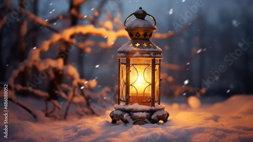 Warm glow from the lantern contrasting with the winter snow. light backgroud