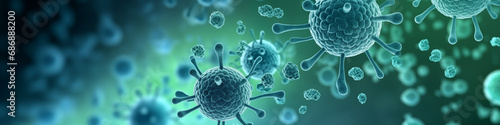 Wide banner with 3D Bacteria microenvironment with flu, fever, covid virus, cancer cells, molecules. Health research, oncology, cure concept background. Copy space photo
