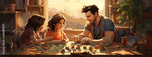 A heartwarming scene of a father and his daughters playing a board game together in a sunlit room with a city view. photo