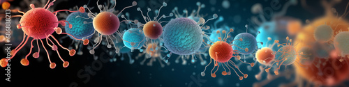 Wide banner with 3D Bacteria microenvironment with covid virus, flu, fever, cancer cells, molecules. Health research, oncology, cure concept background. Copy space