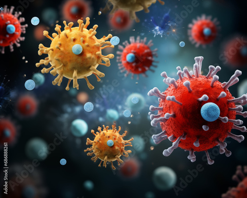 Red and yellow 3D Bacteria microenvironment with covid virus, flu, fever, cancer cells, molecules. Health research, oncology, cure concept background. Copy space