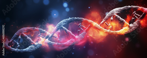 Photo 3D damaged DNA microenvironment with flu, fever, covid virus, cancer cells, molecules