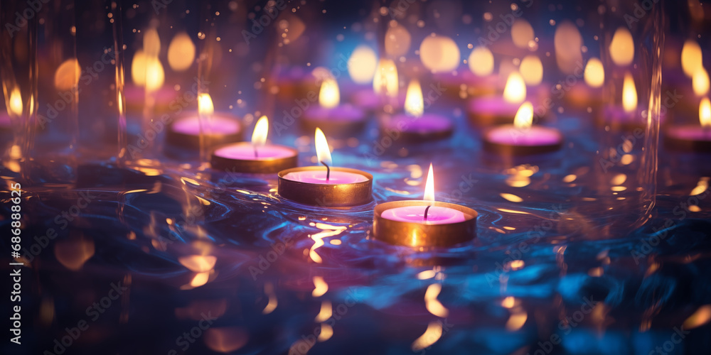 Flaming pink aroma candles on water, blurry background with bokeh. Mystical candles for astrology. Macro shot. Festive banner with copy space for text