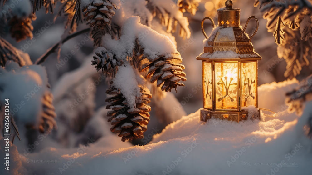 Lantern and snow-covered fir branches in the golden hour. light backgroud Lantern and snow-covered fir branches in the golden hour. light backgroud
