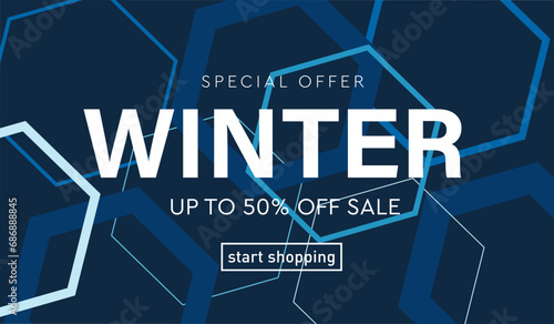 Winter Sale of Science Lessons, Technolog Element. Special Offer 50% Discount for Sports, Game. Background Modern Geometric Hexagonal Dna for Advertising, Web, Social Media, Poster, Banner, Cover. 