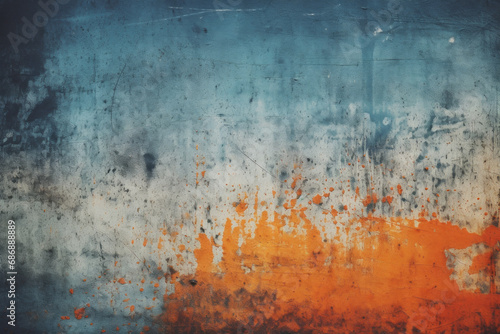 Dynamic abstract background with a blend of blue and orange hues on a weathered and textured concrete wall.