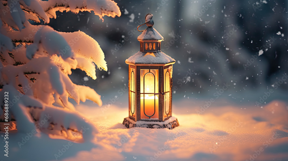 Lantern casting its warm light on fresh snow and fir branches. light backgroud Lantern casting its warm light on fresh snow and fir branches. light backgroud