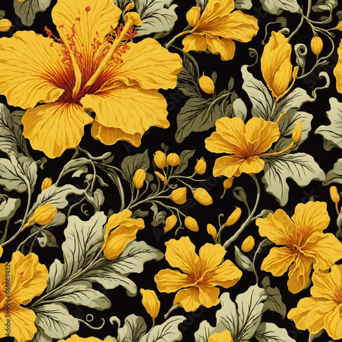 Golden Hibiscus Flowers Colorful Illustration Background Seamless Pattern Beautiful Floral Digital Art Design