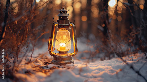 Golden hour lighting up a lantern in the winter wilderness. light backgroud